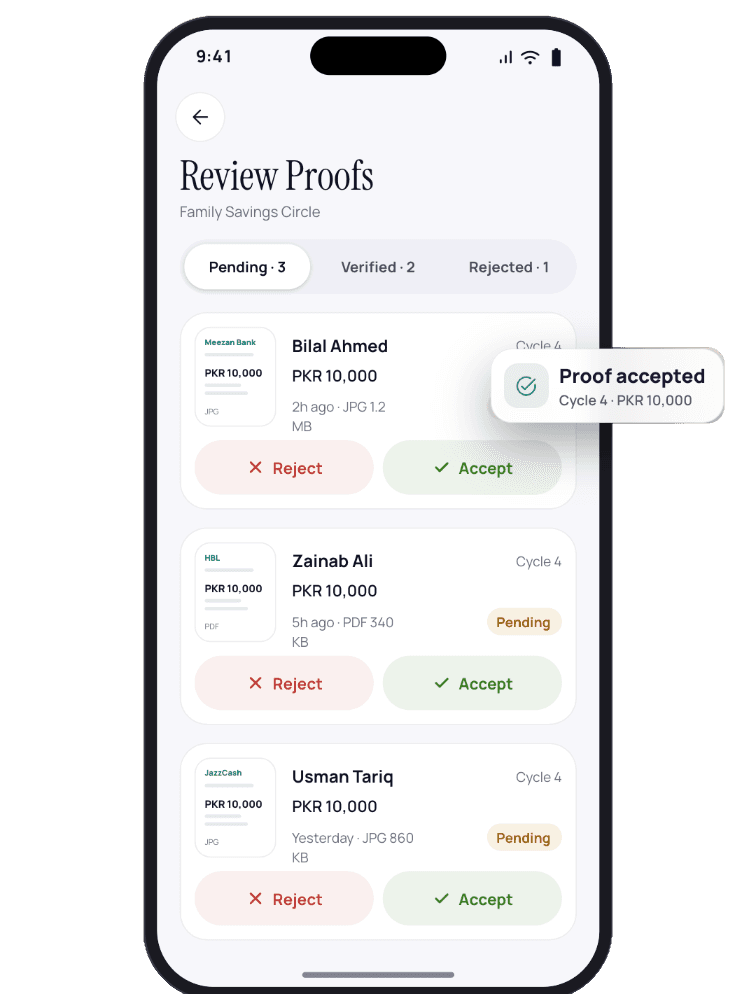 Payment proofs screen